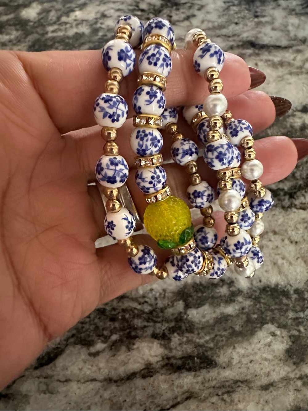 Blue Floral Bead Stretch Bracelet Set with Yellow Lemon Accent